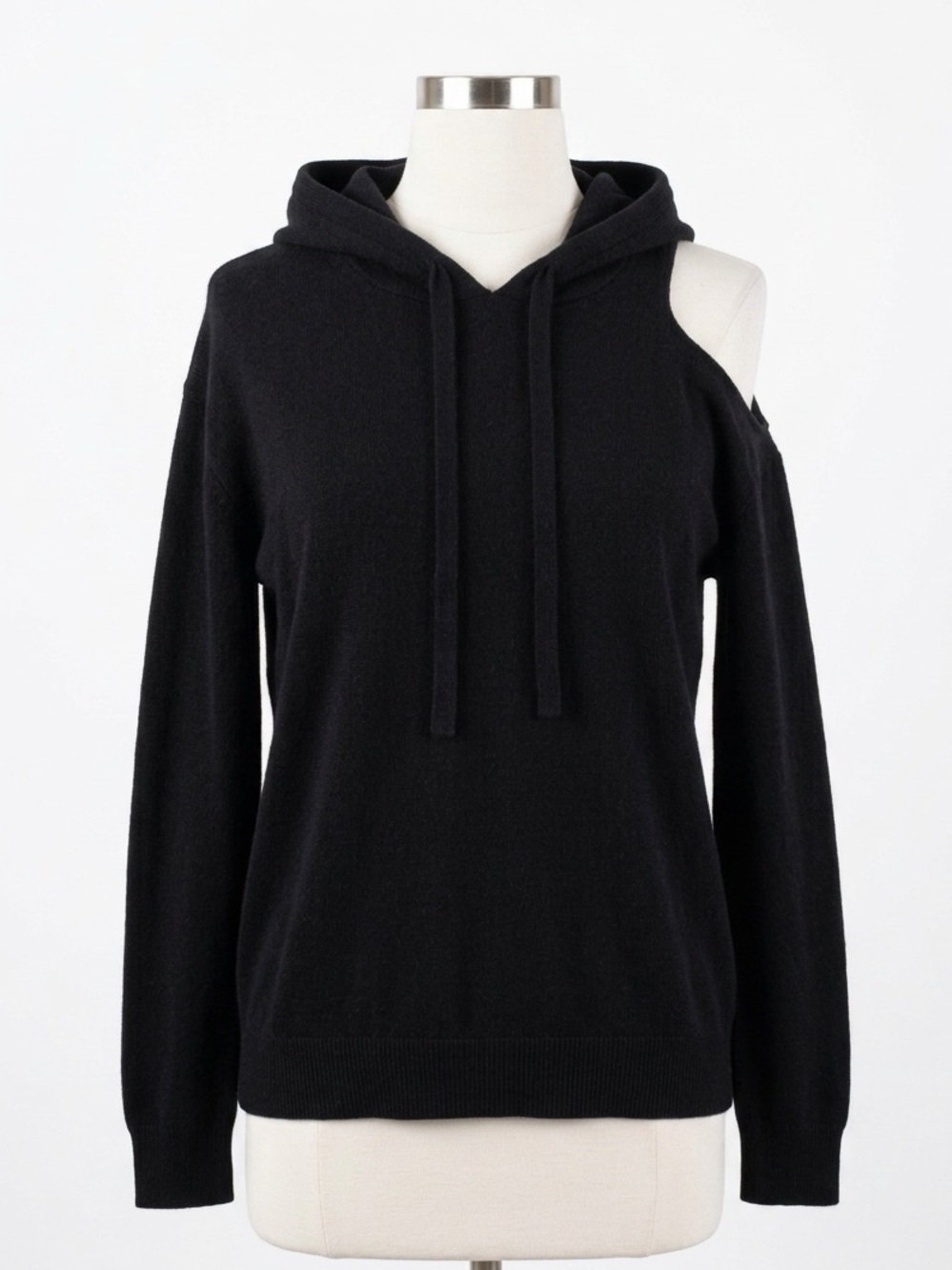MINNIE ROSE Black 100% Cashmere Cutout Cold Shoulder Hooded Sweater Size Small